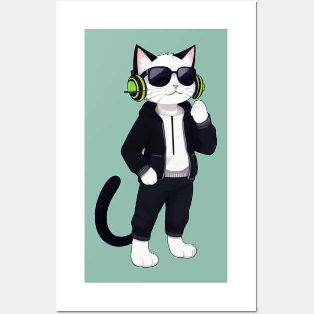 Cool Cat with Headphones and Sunglasses - Funny Feline Vibes Wall Art by Rishirt